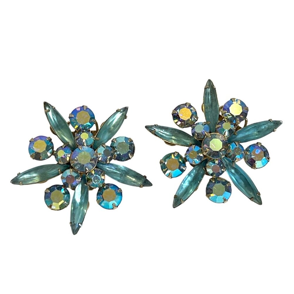 Judy Lee Aqua Blue AB Rhinestone Brooch Pin Clip On Earrings Set Starburst VTG - Picture 6 of 16